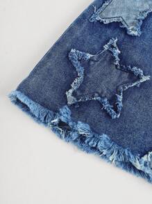 SHEIN Girlism Teen Girls' Y2K Denim A-Line Skirt With Star Patched Faded Frayed And Frayed Hem, Summer Clothes Outfits
