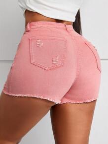 SHEIN SXY Plus Size Women's Pink High-Stretch Denim Distressed Shorts - Watermelon Pink - View 2