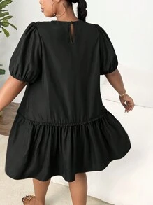 Slaydiva Plus Size Solid Color Loose Babydoll Dress - Black - View 3