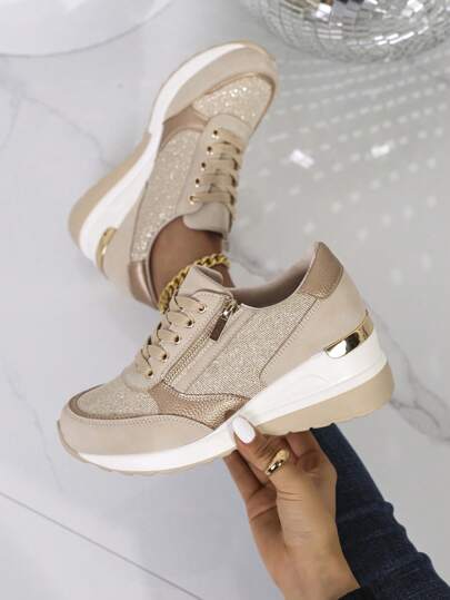 Höst/vinter Mode Bekväma Slip-On Kilklackade Anti-halkiga Sneakers För Damer, Lätta Avslappnade Sidodragkedjedesign Enkla Enfärgade Andningsbara Mesh Sportskor För Sommar, Skor För Dam