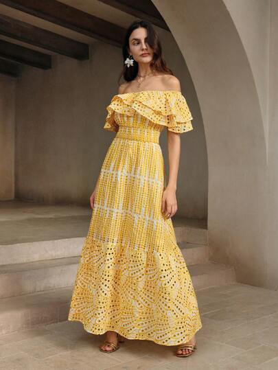 Anewsta Light Yellow Hollow Out Romantic Women's Strapless Dress, Summer Maxi Women Outfit