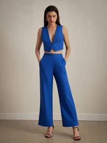 Aveloria Modichic Conjunto de traje de mujer con chaleco de trabajo sencillo, top entallado con cuello en V profundo y pantalones a Set para el trabajo diario