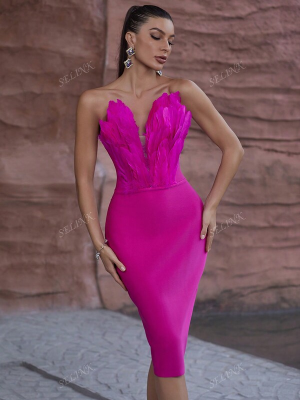 Rochie Bandeau Midi cu pene artificiale în formă de inimă Rochie elegantă de cocktail semi-formală de bal, pentru invitați la nuntă, pentru ziua de naștere, absolvire, cină, rochie de petrecere pentru întoarcerea acasă