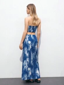 Maija 女士隨機印花無肩帶上衣和簡約A字裙套裝，日常穿著 - 藍白色 - 查看 7