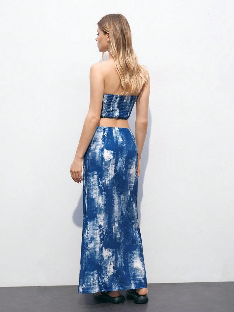 SHEIN Maija Women's Random Printed Strapless Top And Simple A-Line Skirt Outfit, Daily Wear