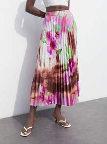 Maija 女士夏季時尚水印花褶皺裙 - 杏色 - 查看 2