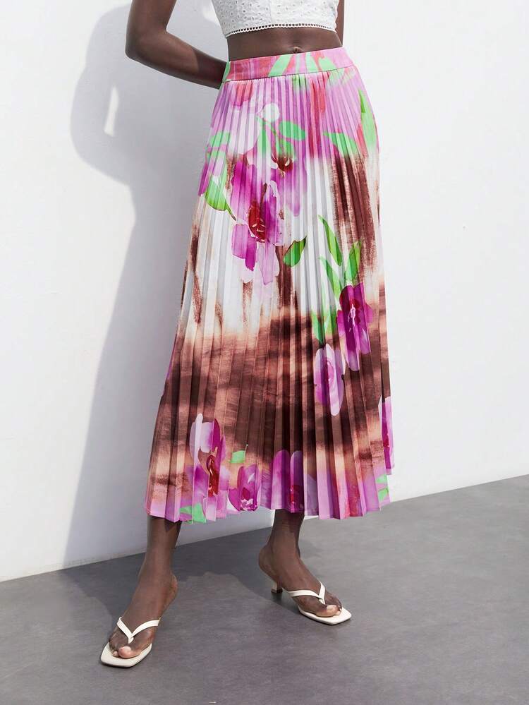 SHEIN Maija Women's Summer Fashion Tie-Dye Floral Print Pleated Skirt