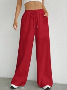 SHEIN EZwear Women's Simple Solid Color Woven Casual Pants For Daily Wear - Red - View 7