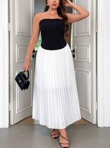 SHEIN Privé Plus Size Letnia Kolorowa Blokowa Plisowana Bez Ramiączek Sukienka A-Line Bodycon Dla Kobiet