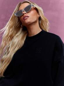 MISSGUIDED Camiseta de cuello redondo oversize con logo bordado y hombros caídos - Negro - Ver 3