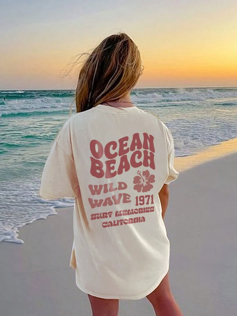 Ladies' Summer Slogan Printed Round Neck Short Sleeved Casual T-Shirt.Graphic Tees Women White Top Vacation Outfits Women - Apricot - View 1