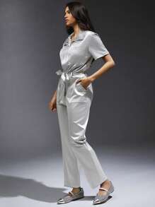 Hauture Solid Belted PU Leather Shirt Jumpsuit With Short Sleeve, For Summer Commute