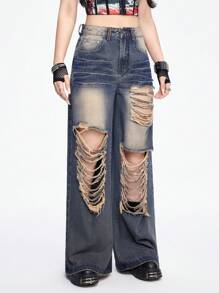 Grunge Punk Ladies' Punk Style Distressed & Ripped Jeans, Faded And Torn Design - Medium Wash - View 6