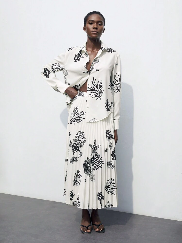 SHEIN Maija Women's Ocean Themed B&W Graphic Print Pleated Midi Skirt