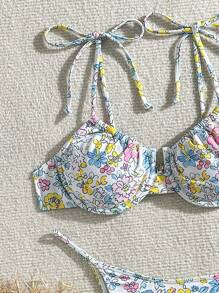 SHEIN Swim Printed Bikini Set (Print Randomly), Women For Summer Beach Vacation - Blue and White - View 8