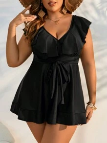 SHEIN Swim Curve Plus Size Women's Solid Color Simple Daily Swimsuit Dress