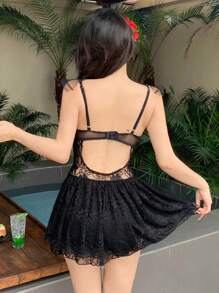 DAZY Women's Solid Color Simple Daily Cami Strap Swimsuit With Lace Decoration Summer,Ruffle,Tankini Bathing Suit