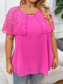 SHEIN CURVE+ Camisa casual de verano de talla grande con estampado impreso y cuello con solapa y parcheado de tela