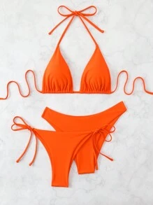 Swim Basics Women Summer Beach Solid Halter Neck 3-Piece Bikini Set Bathing Suit, Suitable For Holiday Orange Bikiniswimsuit Set - Orange - View 3