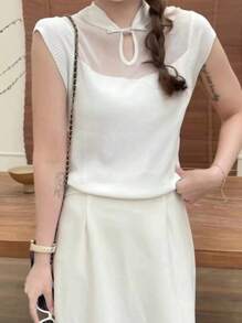 Flirla Plus Size Summer Knitted Top With Mesh Splice And Stand Collar - White - View 1