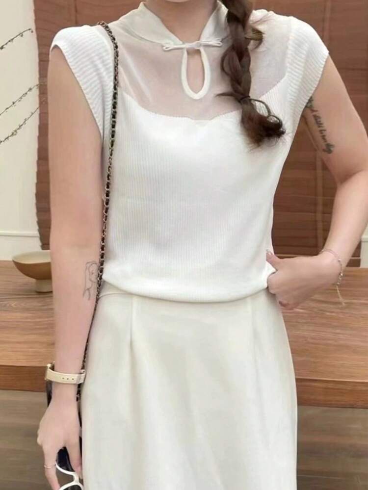 Plus Size Summer Knitted Top With Mesh Splice And Stand Collar