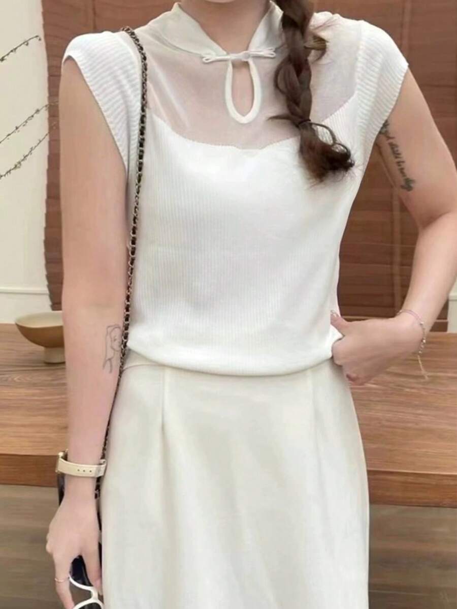 Flirla Plus Size Summer Knitted Top With Mesh Splice And Stand Collar - White - View 1