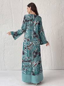 Seusyu 女式 V 领印花拼接休闲长袖阿拉伯朴素连衣裙