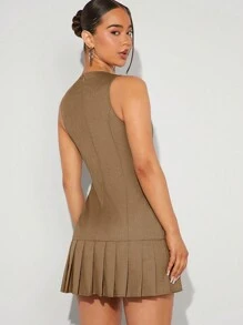 SHEIN Unity Double Breasted Pleated Hem Dress - Brown - View 2