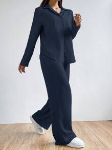 SHEIN EZwear Conjunto de blusa y pantalón de dos piezas de unicolor simple para uso diario de mujer - Azul Marino - Ver 6