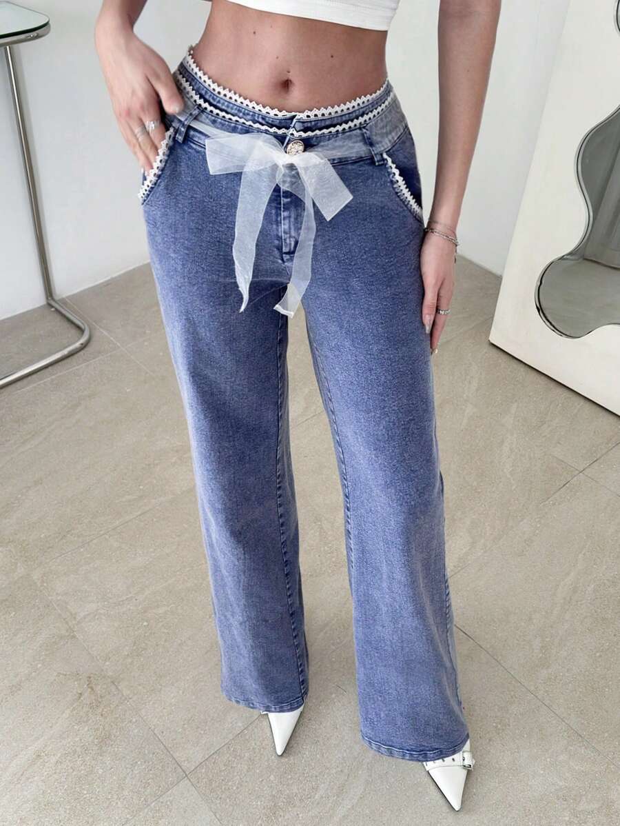 SHEIN ICON Pantalones largos con efecto de mezclilla de tiro bajo, con atar en la cintura - Celeste - Ver 1