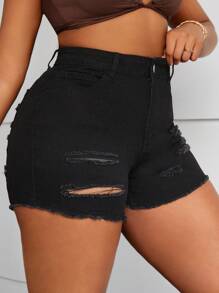 SHEIN SXY 大尺碼牛仔性感破洞彈力短褲