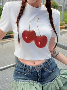 INAWLY Women's Cherry Printed Y2k Short Sleeve Slim Fit T-Shirt - White - View 1