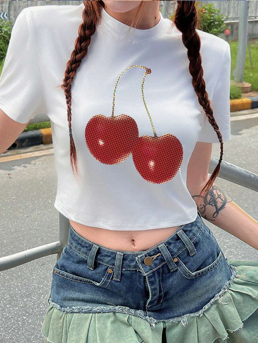 INAWLY Women's Cherry Printed Y2k Short Sleeve Slim Fit T-Shirt - White - View 1