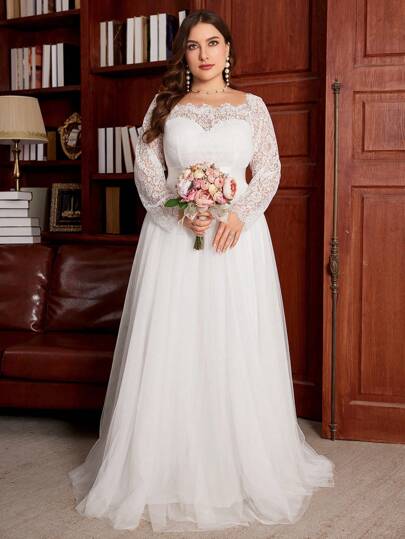 UNITHORSE Plus Size Women Lace Contrast Lace Long Sleeve ,Party Dress Wedding Dress,Bride, All White Party Outfit Women, For Valentine's Day