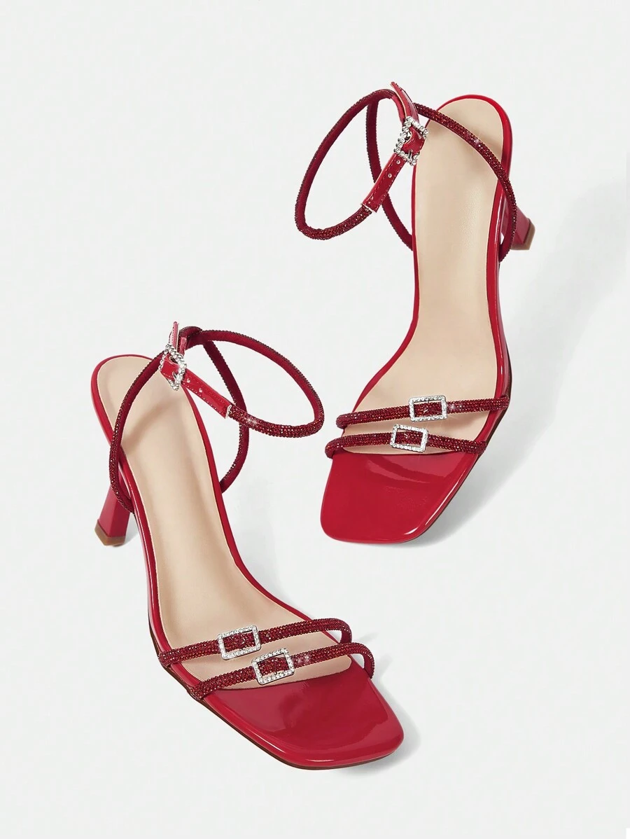 CUCCOO SZL 女士红色水钻镶嵌方形扣简约、时尚、舒适、百搭、漆皮方头高跟凉鞋，适合宴会或日常穿着，适合圣诞节和新年假期氛围秋冬季 - 紅色 - 查看 1
