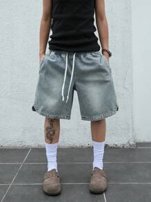 Manfinity EMRG Men's Drawstring Waist Loose Fit Five Pocket Denim Shorts - Blue - View 3