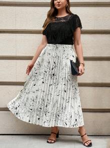 SHEIN Clasi 夏季優雅長裙，黑色褶皺收腰設計，黑白墨點圖案並有精美蕾絲邊緣 - 黑與白 - 查看 6