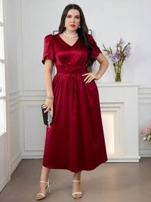 Modelyn Burgundy Red Plus Size Women's Solid Color Simple Short Sleeve Arabic Clothing For Daily Wear - Burgundy - View 3