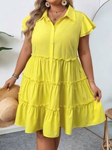 SHEIN CURVE+ 夏季大碼純色分層下擺襯衫連衣裙 - 黃色 - 查看 7