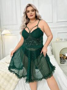 SHEIN Plus Size Diamond Check Translucent Mesh 3D Lace Cami Sleep Dress Pajama Dress With Large Hemline - Dark Green - View 3