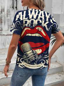 SHEIN LUNE Summer Fashionable Lips And Microphone Print Short Sleeve Women's T-Shirt For Casual Wear - Multicolor - View 3