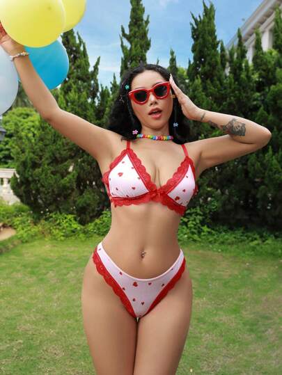 Heart Print Contrast Lace Bra & Panty Lingerie Set