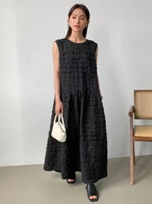 FRIFUL 女士纯色简约日常无袖夏季连衣裙太阳裙，休闲女装 - 黑色 - 查看 9