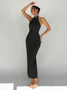 Aloruh Women's Plain Simple Daily Backless Dress - Black - View 3