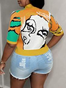 Slaydiva Plus Women Summer Short Sleeve Single-Breasted Slim Crop Cardigan With Abstract Face Pattern In Fall/Winter