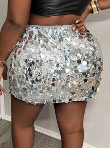 Slaydiva Plus Size Sparkly Silver Slim Fit Sequins Mini Skirt, Autumn/Winter - Silver - View 2