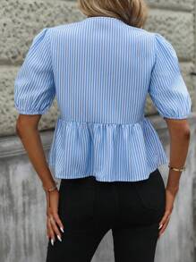 SHEIN LUNE Women's Fashion Vertical Stripe Short Sleeve Shirt Peplum Top