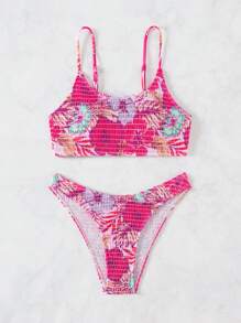 SHEIN Swim 夏季沙灘女性熱帶植物印花推薦性感比基尼套裝，隨機印花 - 彩色 - 查看 4