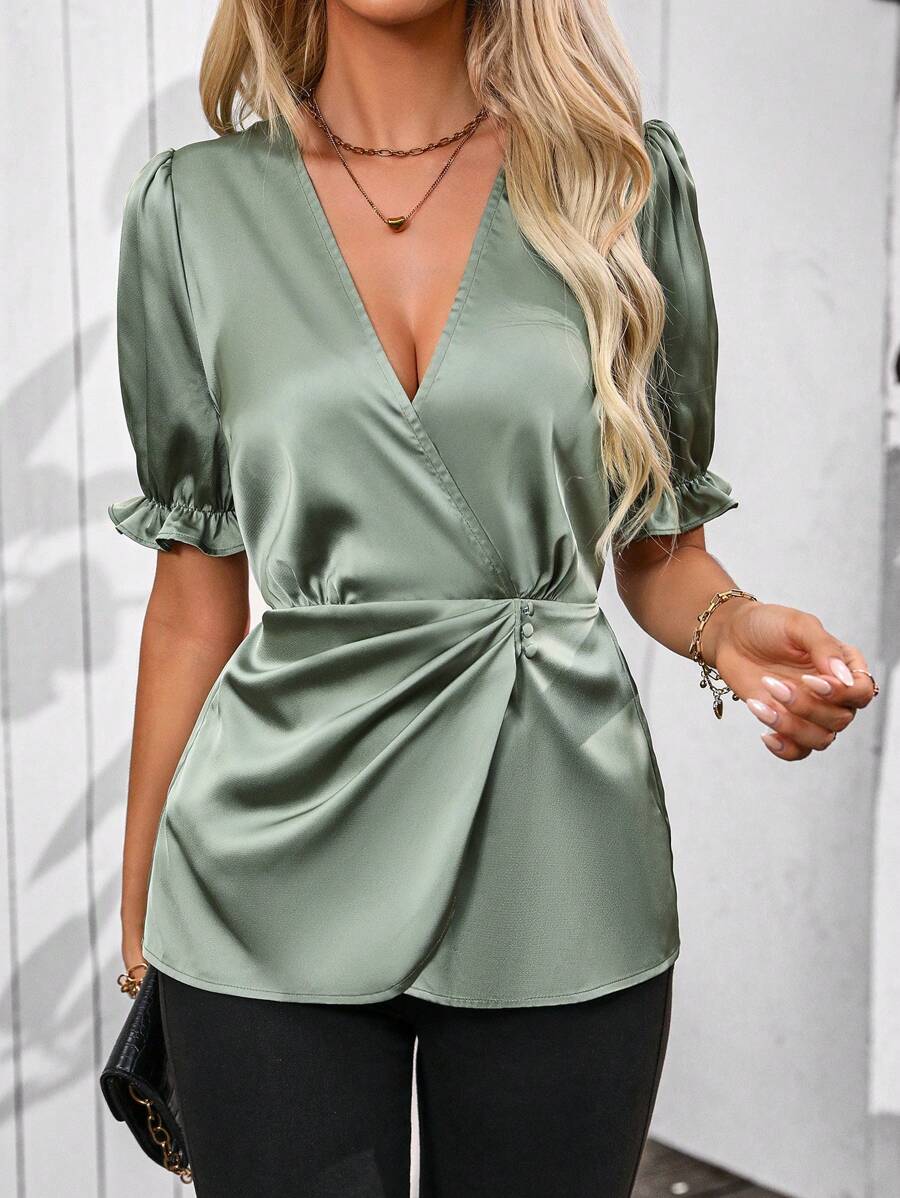 SHEIN Clasi Women's Solid Color V-Neck Puff Sleeve Shirt With Pleats, Summer - Green - View 1