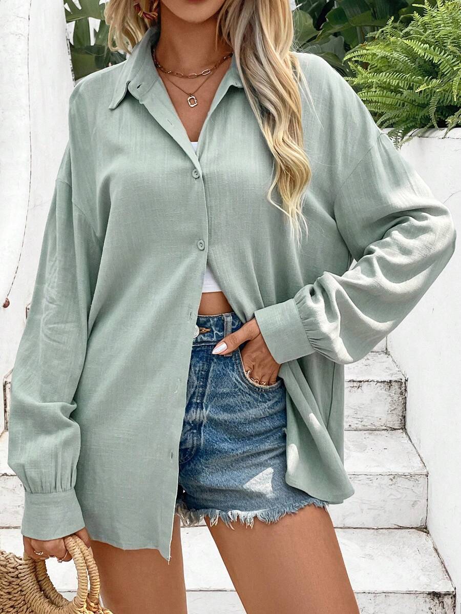 SHEIN Frenchy Áo sơ mi nữ công sở màu xanh lá cây, chất liệu vải lanh, kiểu dáng cổ điển, màu trơn, tay dài, thích hợp mặc mùa đông. - Nhiều màu - Xem 1
